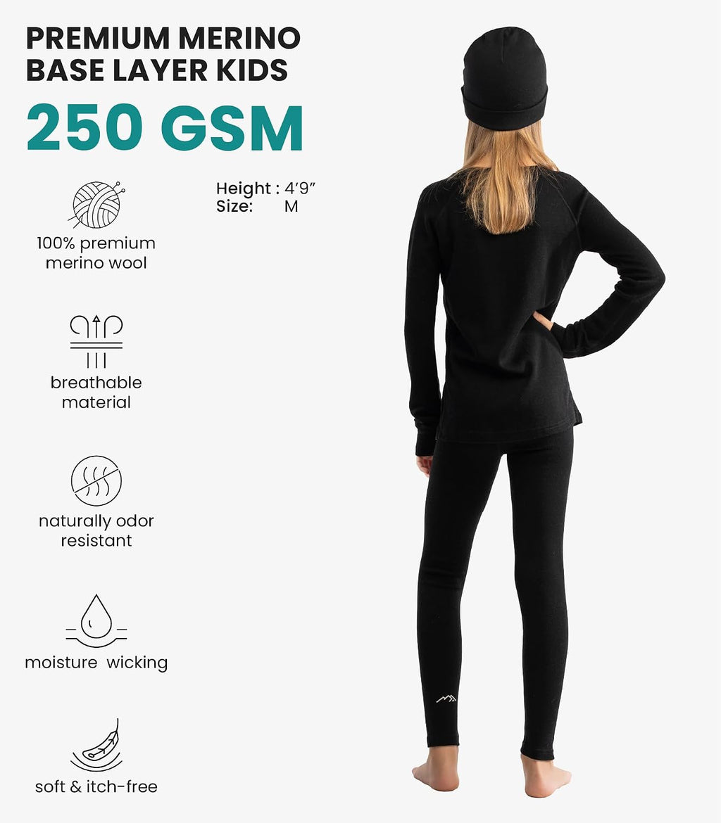100% Merino Wool Base Layer Kids Set - Midweight Unisex Thermal Underwear | Soft, Non-Itchy Kids / Toddler Clothes