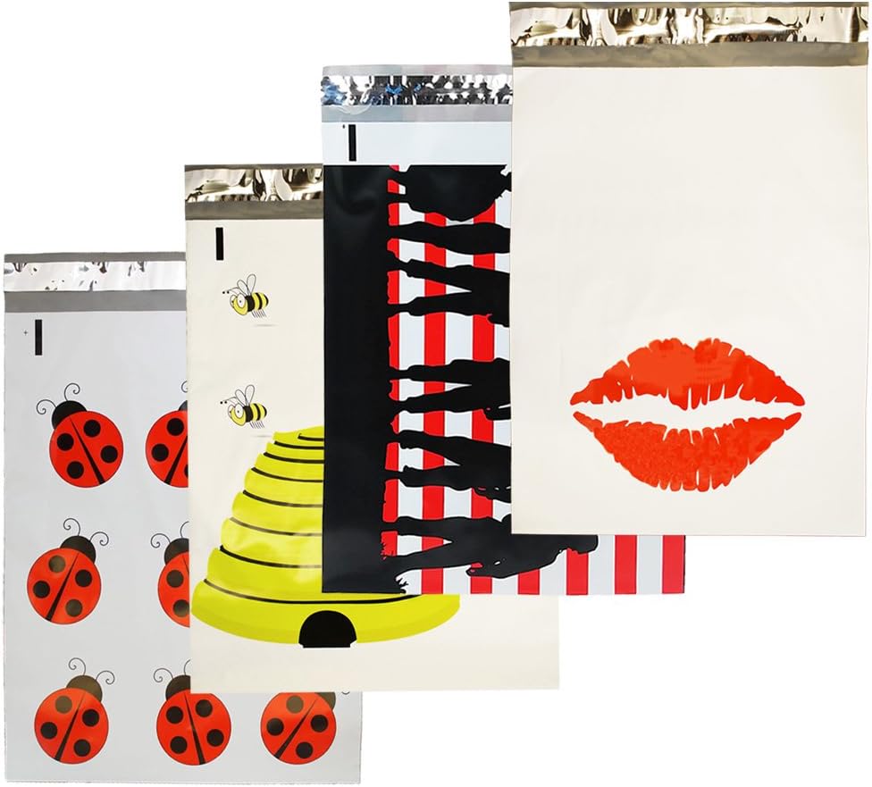 10x13 inch Designer Poly Mailers, Bees, Flags, Lips, Ladybugs (40 Mix Variety Pack) Custom Printed Self Sealing