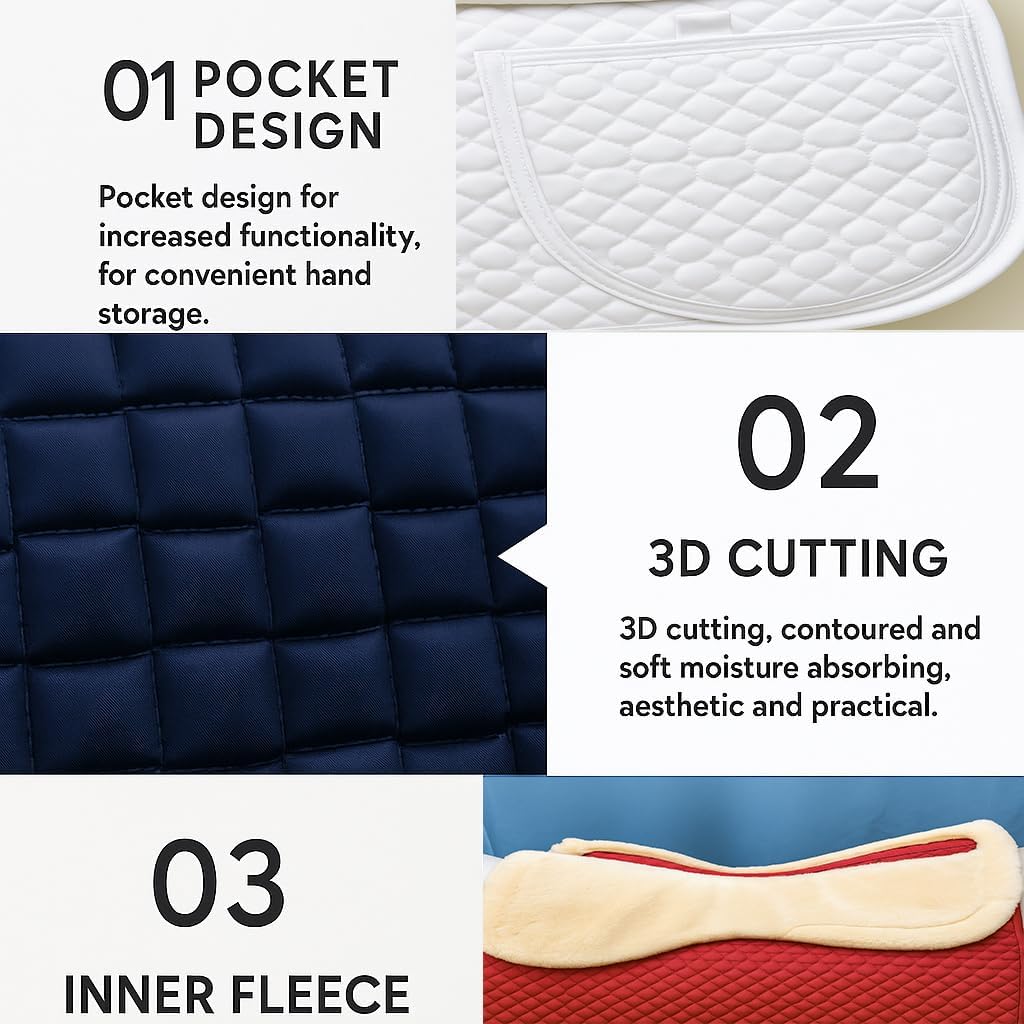 Universal English Saddle Pad with Adjustable Shims, Faux Shearling Trim, Plush Faux Wool, 3D Cooling & Non-Slip Tech.
