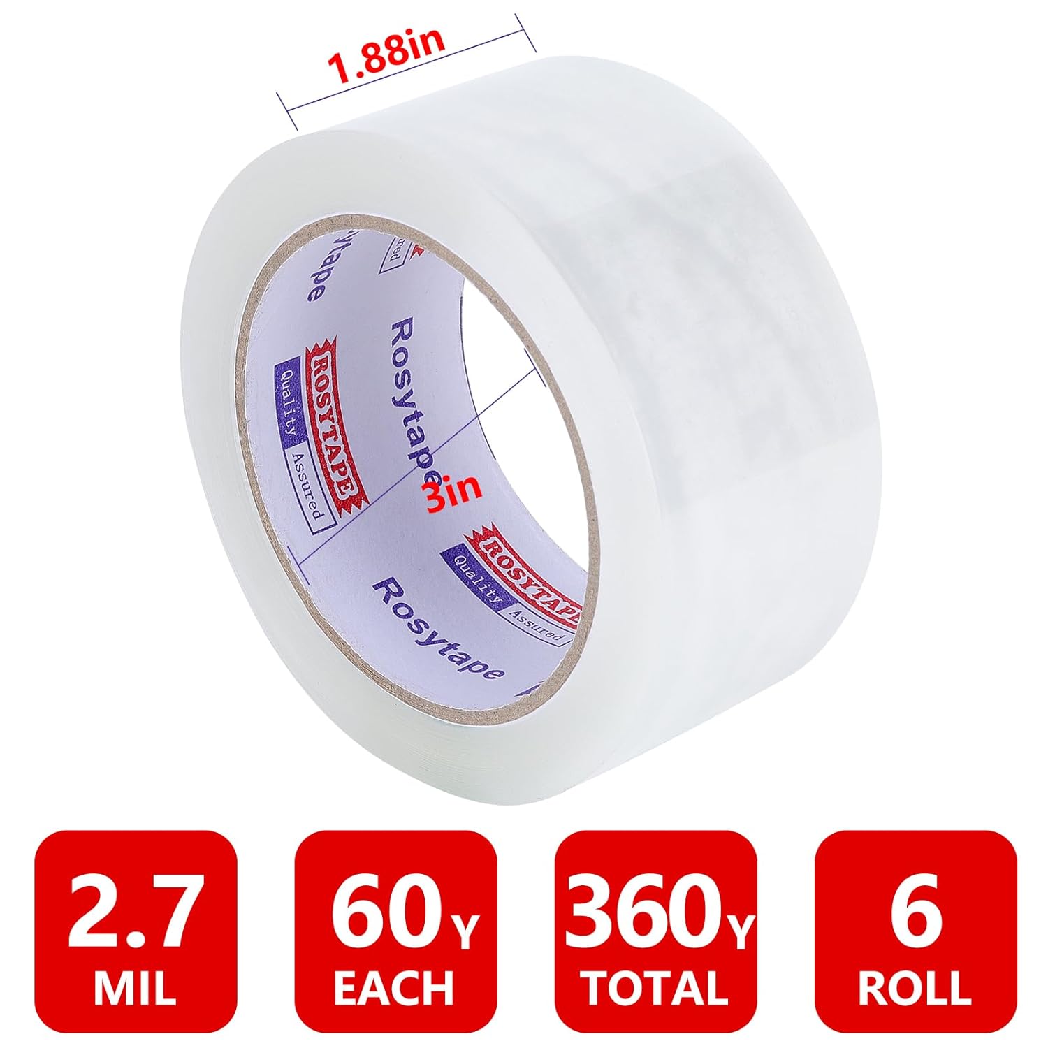 Rosy(Rosiest) Clear Packing Tape (6 Rolls), Heavy Duty Packaging Tape for Express,Warehouse,Office,House, 2.7mil