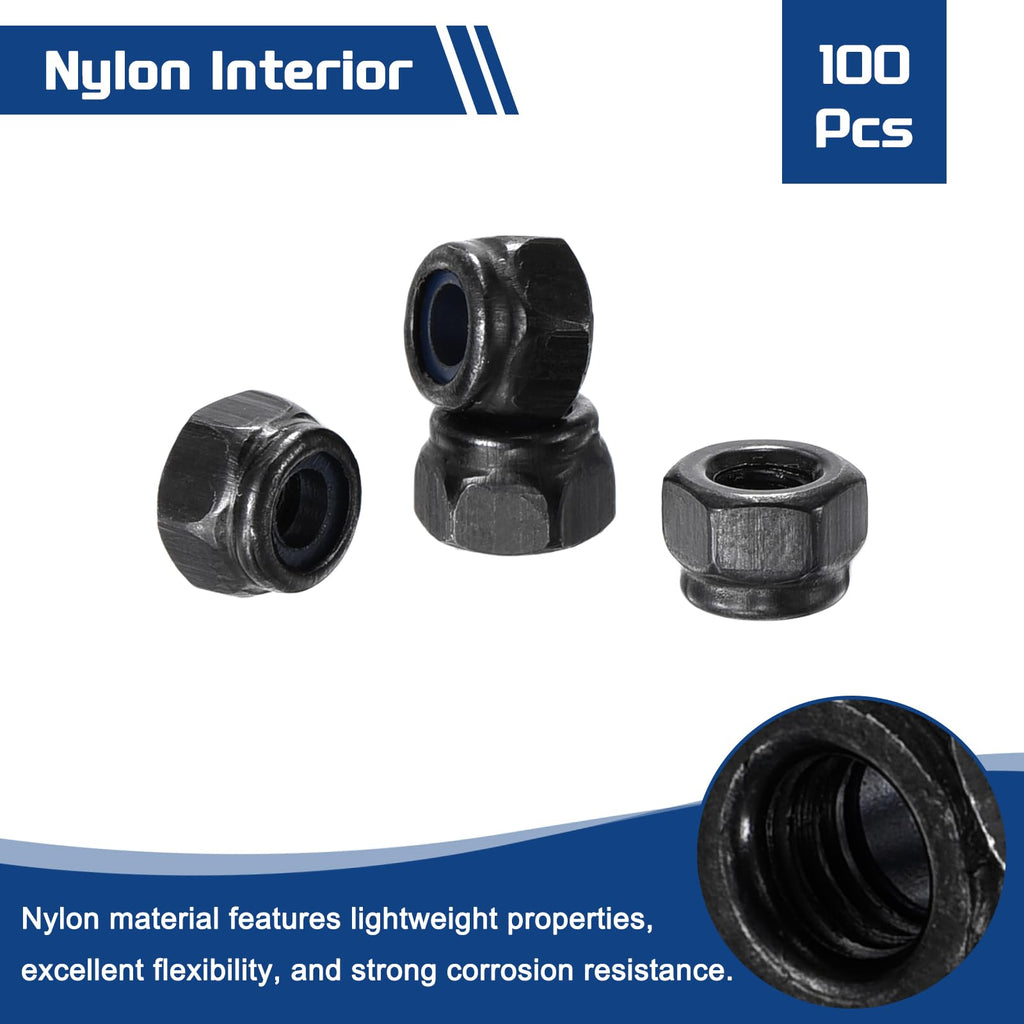Kozelo 100Pcs M3-0.5 Nylon Locking Hex Nuts CarbonSteel Black