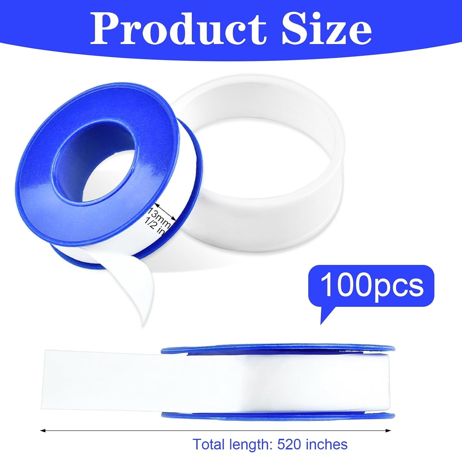 100 Rolls Teflon Tape,1/2 x 520 in Plumbers Tapes, PTFE Tape Waterproof Sealant Pipe Tape for Shower Head,Pipe