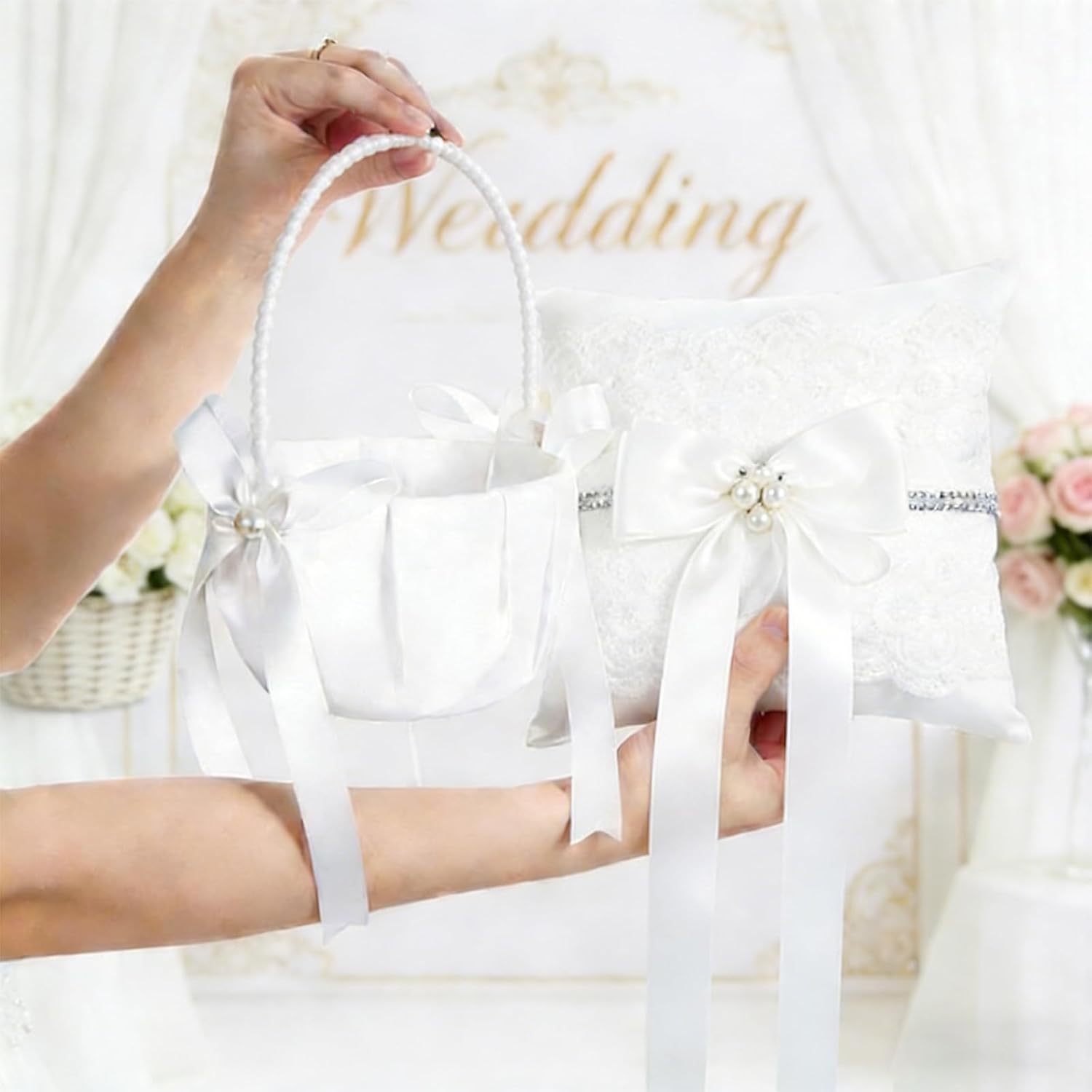 2 Flower Girl Baskets and Ring Bearer Pillows Set, Pearl Handle,Ivory Fariy
