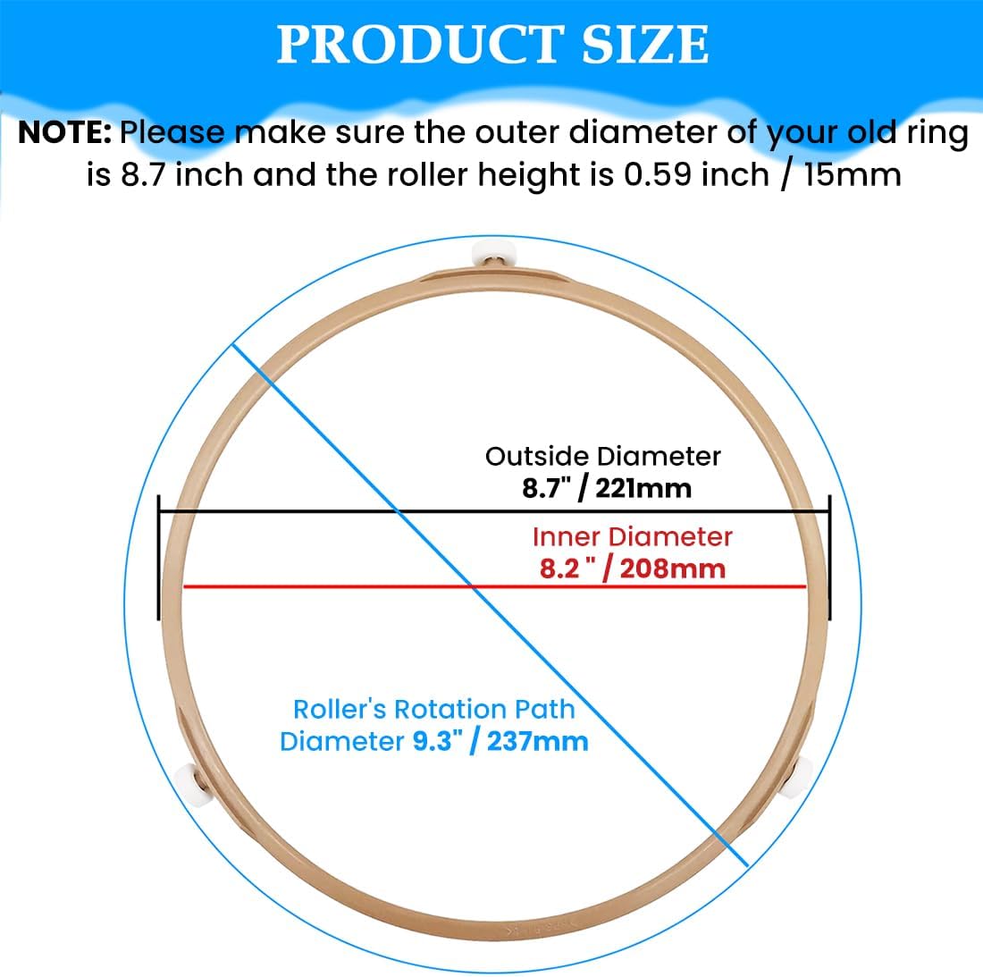 8.7" Microwave Turntable Ring with 15mm Rollers | Ring Outer Diamater 8.7" / 221mm, Rollers Height 15mm, 1 Pack