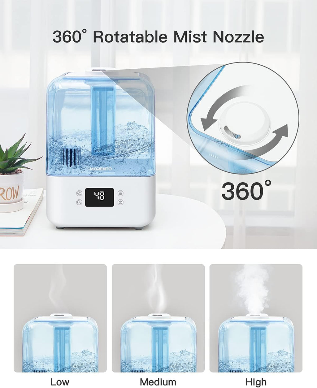 4.5L Top Fill Cool Mist Humidifier for Bedroom, Large Room, Home with 360 Nozzle, Auto Shut-Off, Humidity Setting