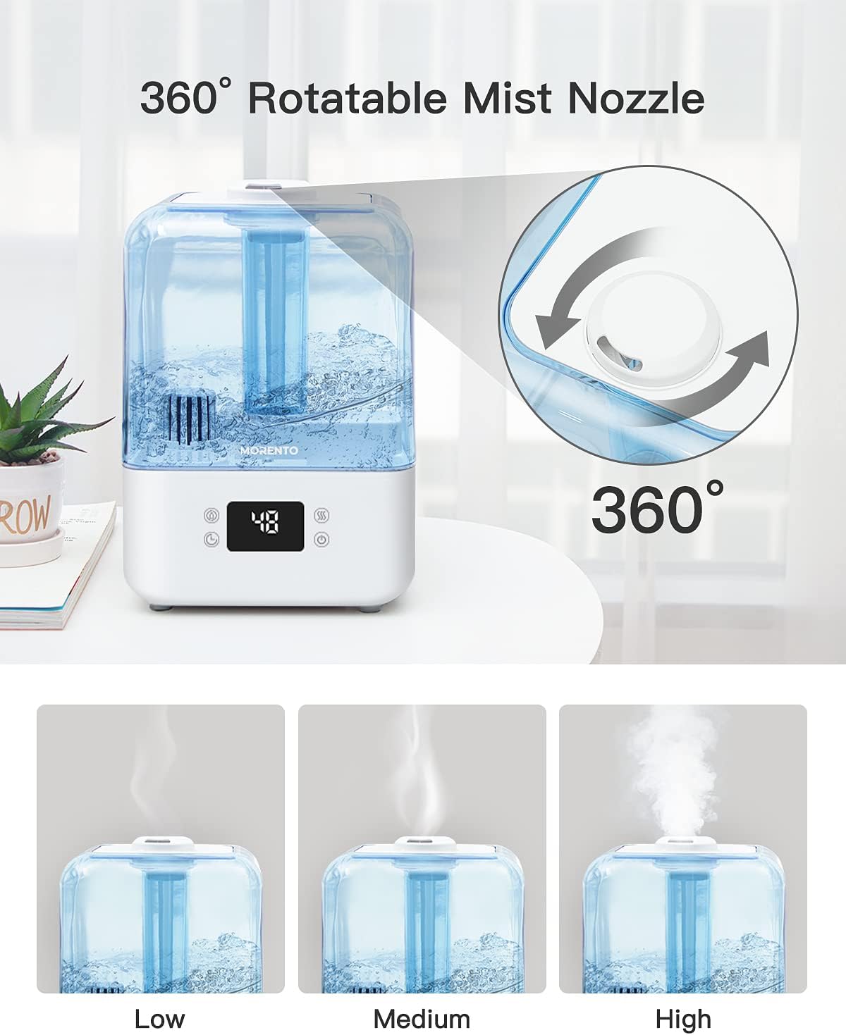 4.5L Top Fill Cool Mist Humidifier for Bedroom, Large Room, Home with 360 Nozzle, Auto Shut-Off, Humidity Setting