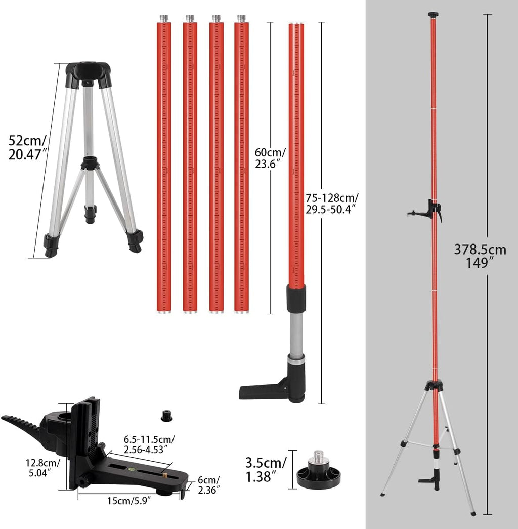 Laser Level Pole with Tripod, Telescoping Tripod | 12 Ft./3.7M with 1/4-Inch by 20-Inch Lasers' Mount for Rotary and