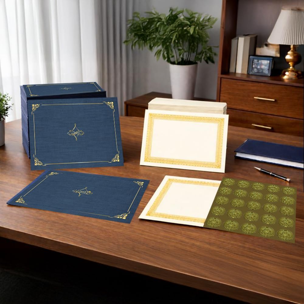 Certificate Award Kit Navy Linen with Gold Seals, 75-Piece Set | certificate kit, 8.5x11 certificate paper, linen