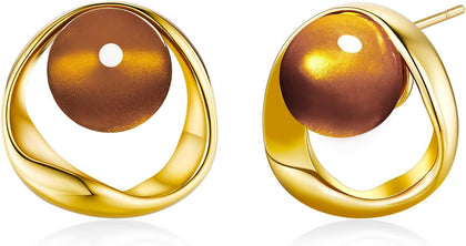 18K Gold Plated Brown Resin Stud Earrings for Women, Amber Round Ball Open Circle Earrings, Sculptural Gold Statement