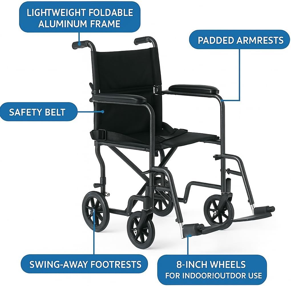 Dr Dunley Folding Transport Wheelchair with Swing-Away Footrests,19" Wide Padded Seat, Full-Length Armrests