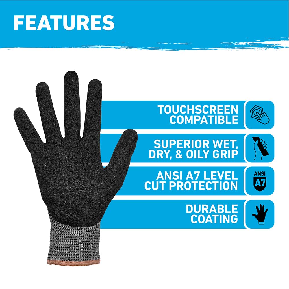 A7 Cut Resistant Work Gloves, Large, 1 Pair, Black and Gray