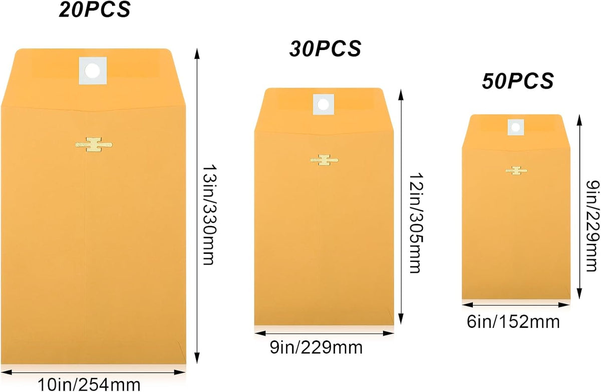 3 Sizes Manila Envelopes with Clasp, 100 Pack Kraft Clasp Envelopes