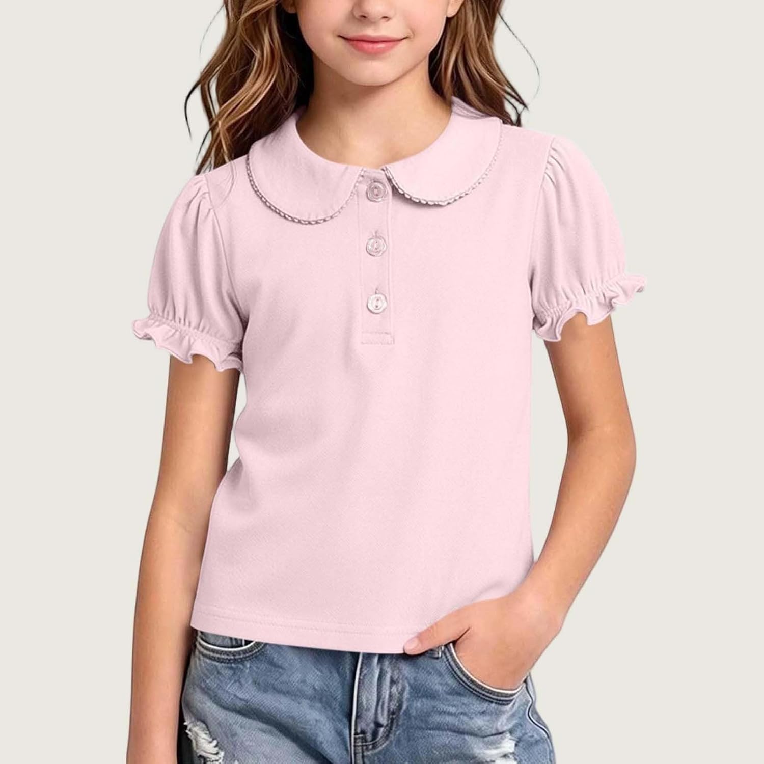 Girls Pure Cotton Polos Puff Sleeve Cute Peter Pan Collar Shirt Pink | Back to School Clothes for Teen Girls Kids