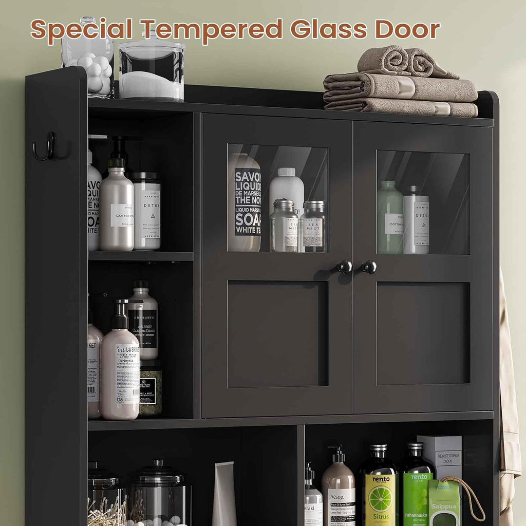 Over The Toilet Storage Cabinet, Over Toilet Bathroom Organizer with Glass Doors & Toilet Paper Holder Stand, Home