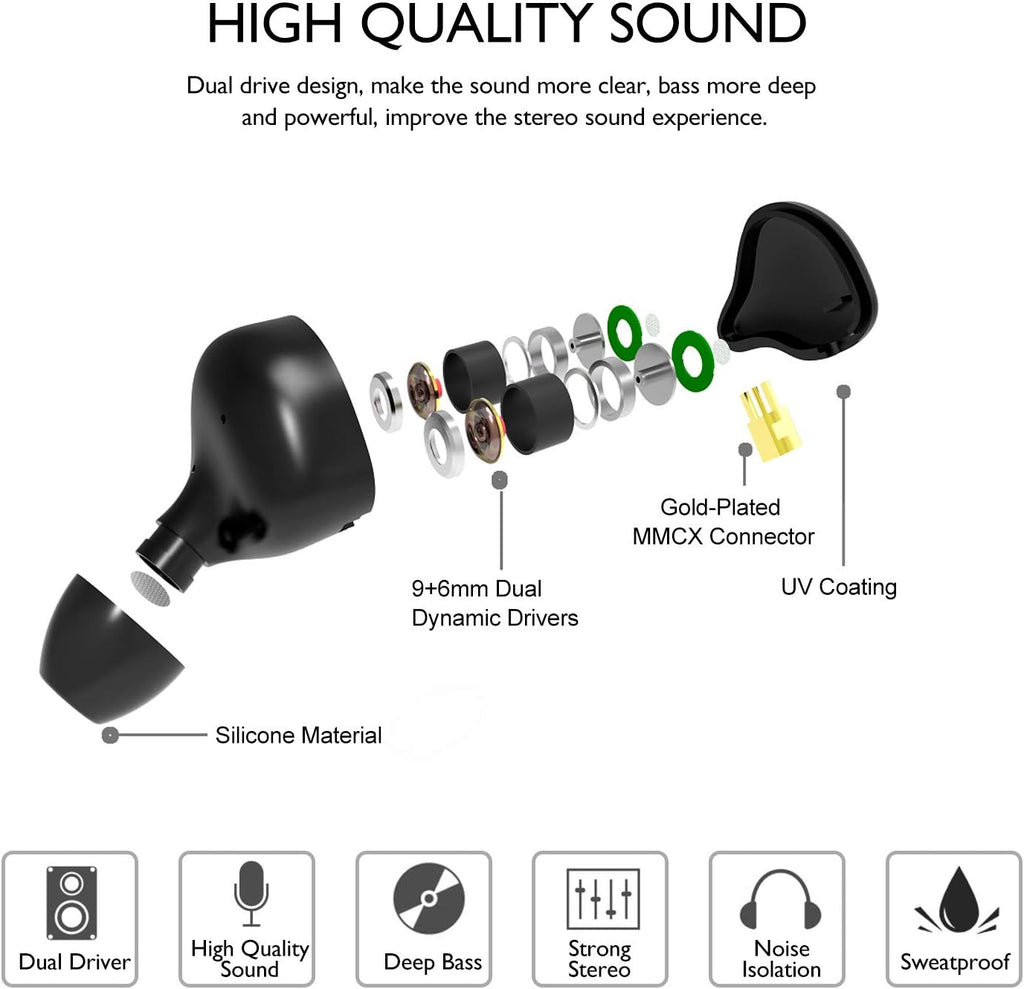 Dual Dynamic Driver IEM Earphones, HiFi Stereo In Ear Monitor Headphones | Wired Earbuds with Detachable Cable, Noise