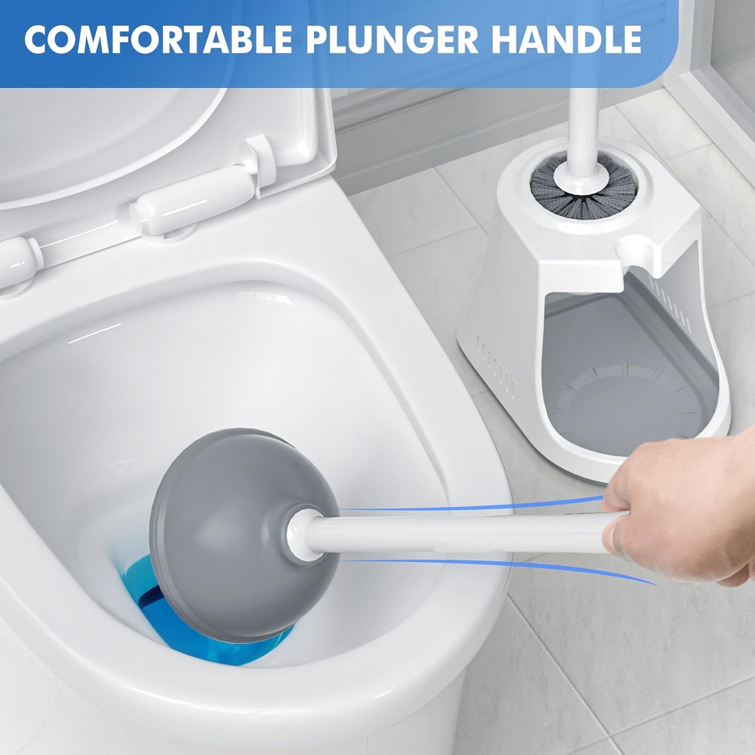 Toilet Plunger and Brush with Holder, Bowl Brush and Heavy Duty Toilet Plunger Set with Ventilated Holder, 2-in-1