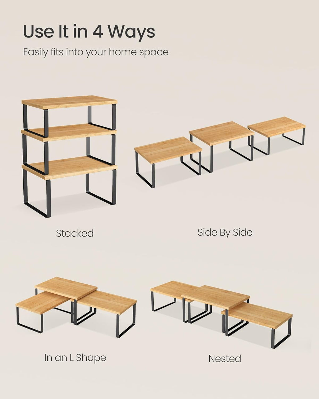 SONGMICS Cabinet Organizer Shelf, Set of 3 Kitchen Counter Shelves, Kitchen Storage, Spice Rack, Stackable