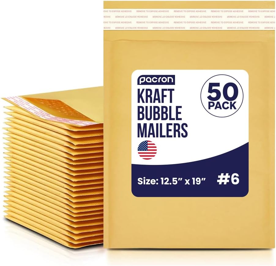 Self-Seal Kraft Bubble Mailers 12.5x19, 50-Pack Padded Envelopes