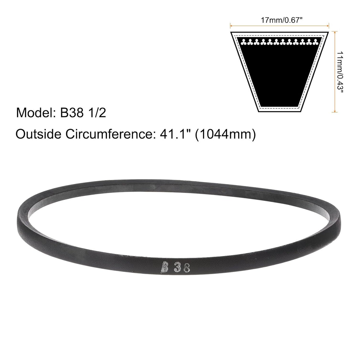 uxcell B38 1/2 Rubber V Belt, B Section V-Belt 41.1" Outside Circumference x 0.67" Width x 0.43" Thick, Industrial Power Transmission Belt, Black