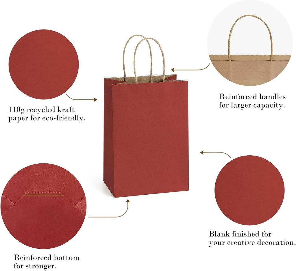 Small Gift Bags with Handles 5.25x3x8 Inch Red 100 Pack Bulk