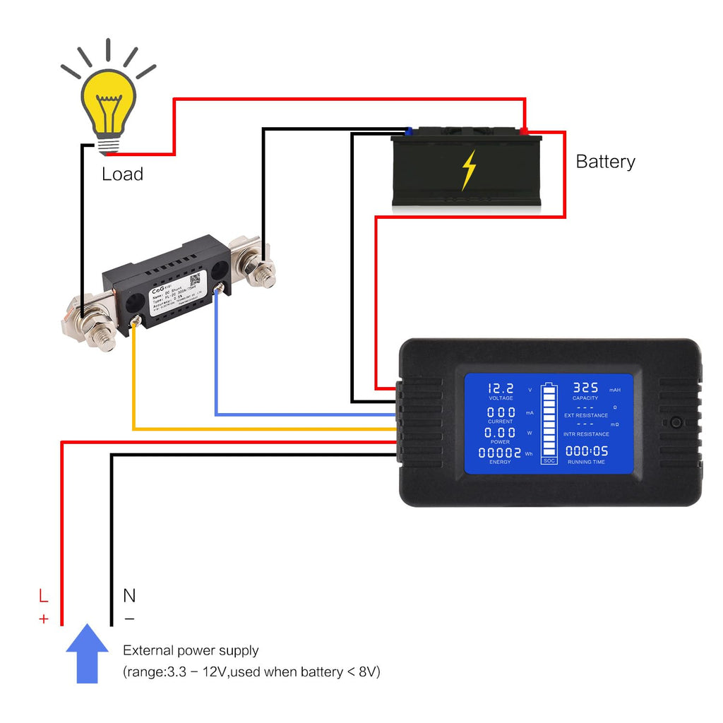 DC Multifunction Battery Monitor Meter with Shunt,0-200V,0-300A, LCD Display Digital Current Multimeter Voltmeter