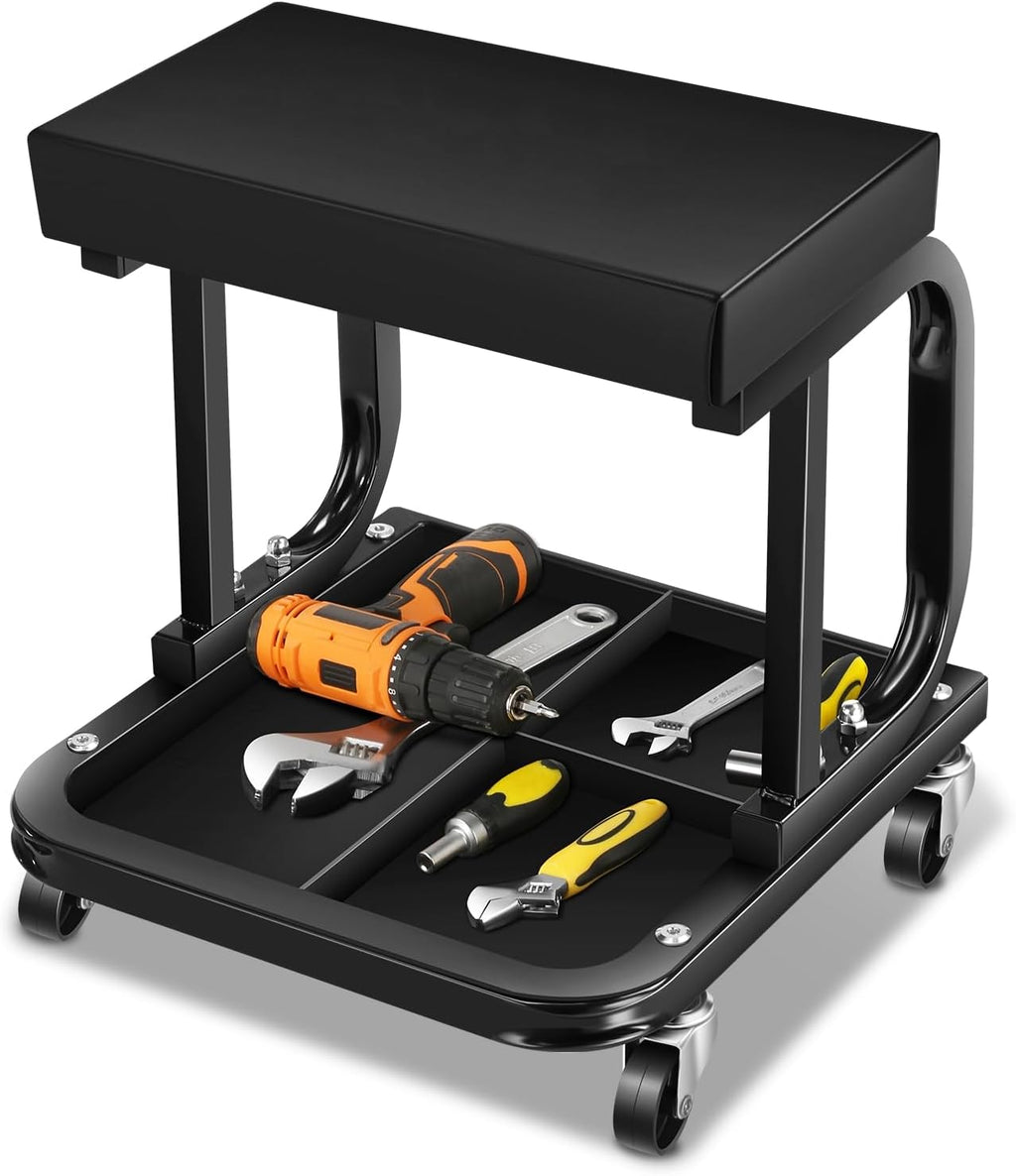 Rolling Mechanic Stool, Padded Shop Seat, w/Tool Tray, Black