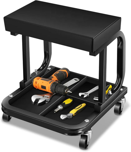 Rolling Mechanic Stool, Padded Shop Seat, w/Tool Tray, Black
