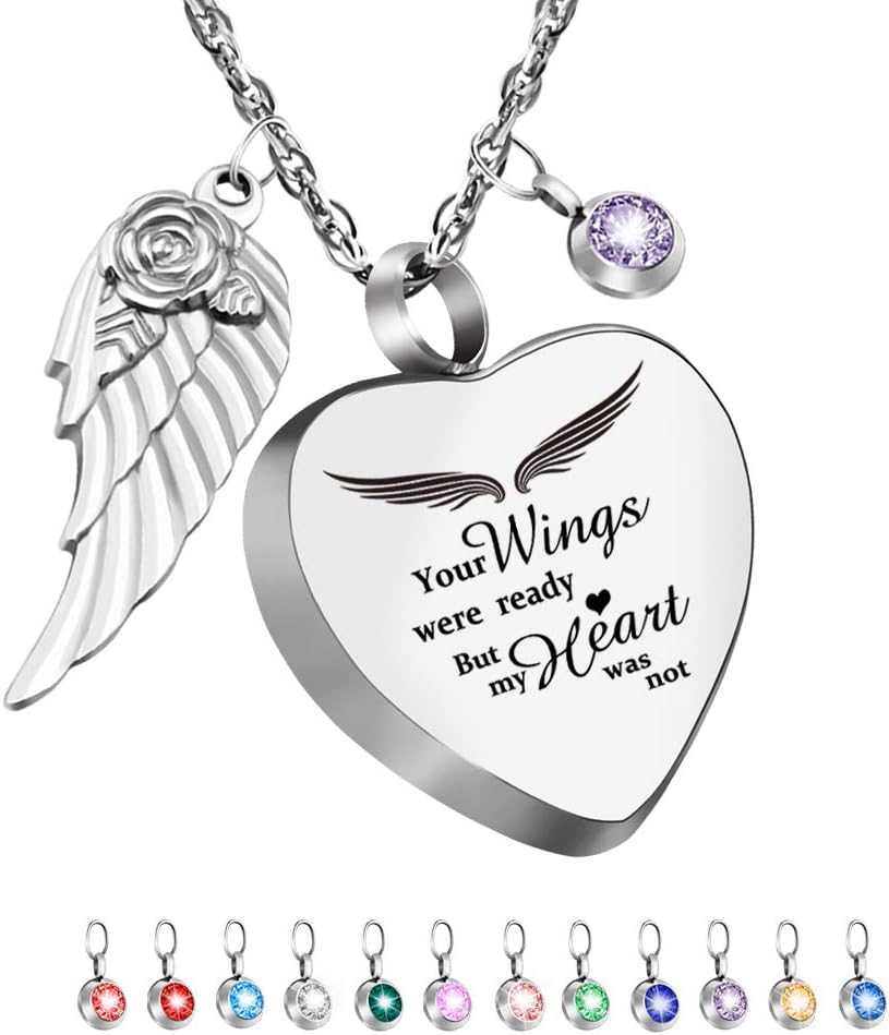 Heart Urn Necklace for Ashes with 12 Birthstones Cremation Jewelry for Ashes -Your Wings Were Ready My Heart Was Not