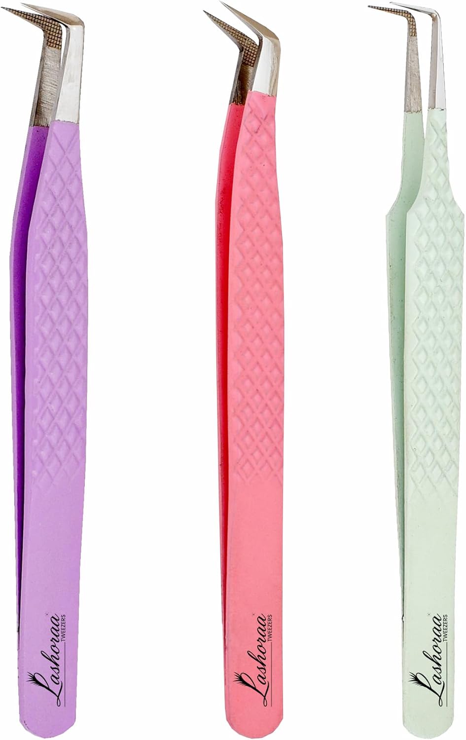 Lash Tweezers Set for Eyelash Extensions - 3 Piece Precision Fiber Tip Diamond Grip, Volume, L-Shape Boot, 90 Degree