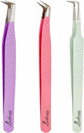 Lash Tweezers Set for Eyelash Extensions - 3 Piece Precision Fiber Tip Diamond Grip, Volume, L-Shape Boot, 90 Degree