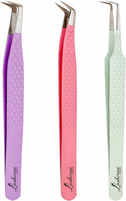 Lash Tweezers Set for Eyelash Extensions - 3 Piece Precision Fiber Tip Diamond Grip, Volume, L-Shape Boot, 90 Degree