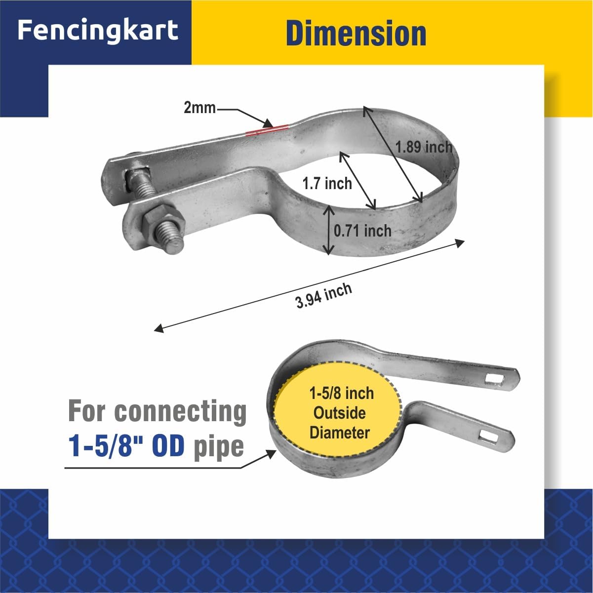 Galvanized Tension Band for Chain Link Fence, 1-5/8" inch, with Nuts & Bolts, 20 Pieces (Silver Galvanized, 1-5/8")