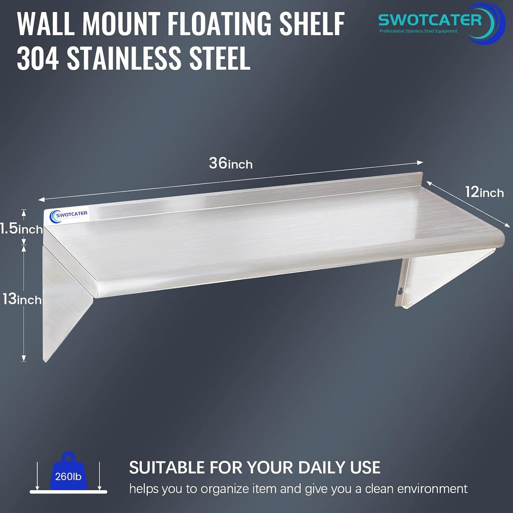 Stainless Steel Shelf 2 Pack 12"x36", Wall Mounted Metal Shelves