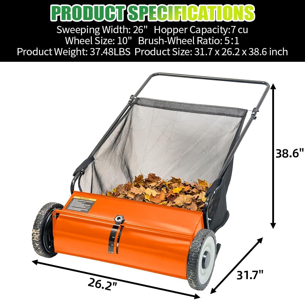 26" Push Lawn Sweeper, 7 cu.ft Large Capacity Yard Sweeper Push, 5:1 High-Density 4 Brushes, Adjustable Height, Heavy