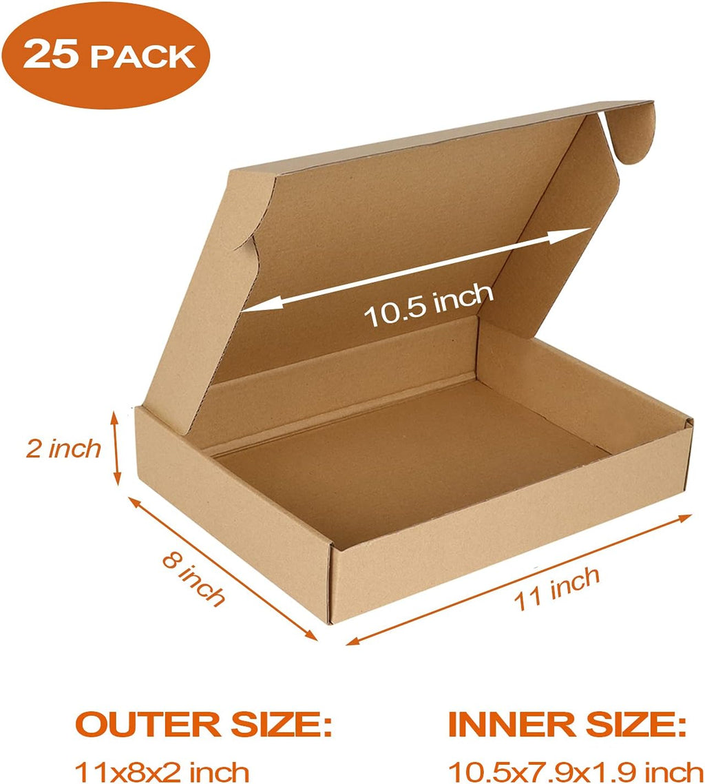 25 Pack 11x8x2 inch Cardboard Shipping Boxes, Brown Mailing Box