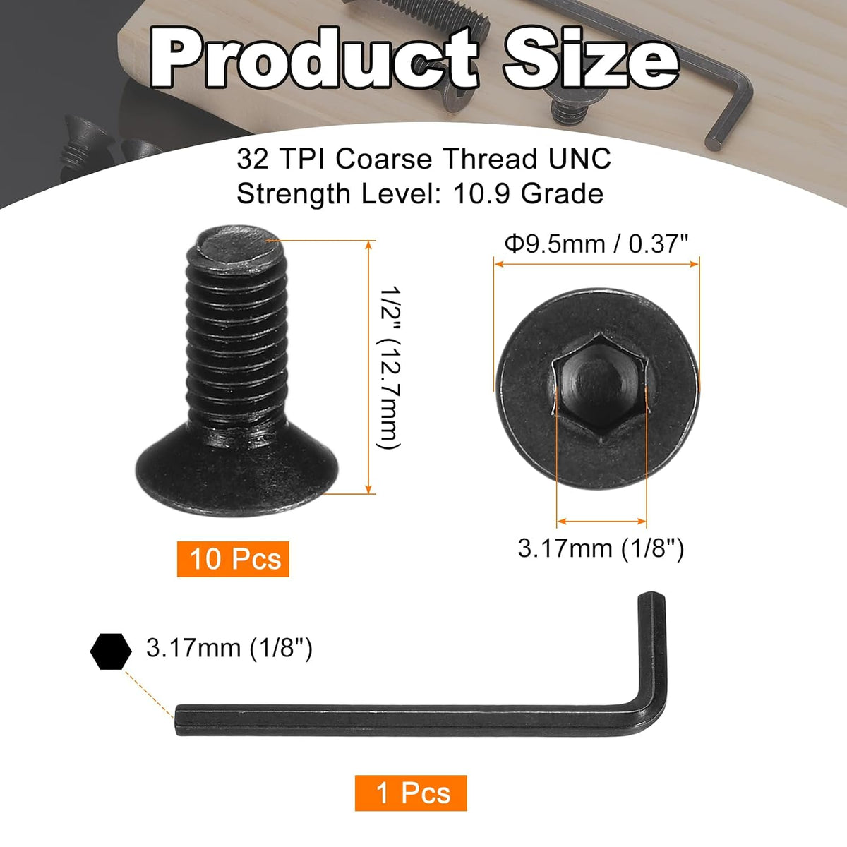 PATIKIL #10-32 x 1/2 Inch Flat Head Socket Cap Screws, 10 Pcs Flat Countersunk Bolts Hex Socket Drive Machine Screws Full Thread Coarse Thread UNC with Hex Spanner Black Oxide Grade 10.9