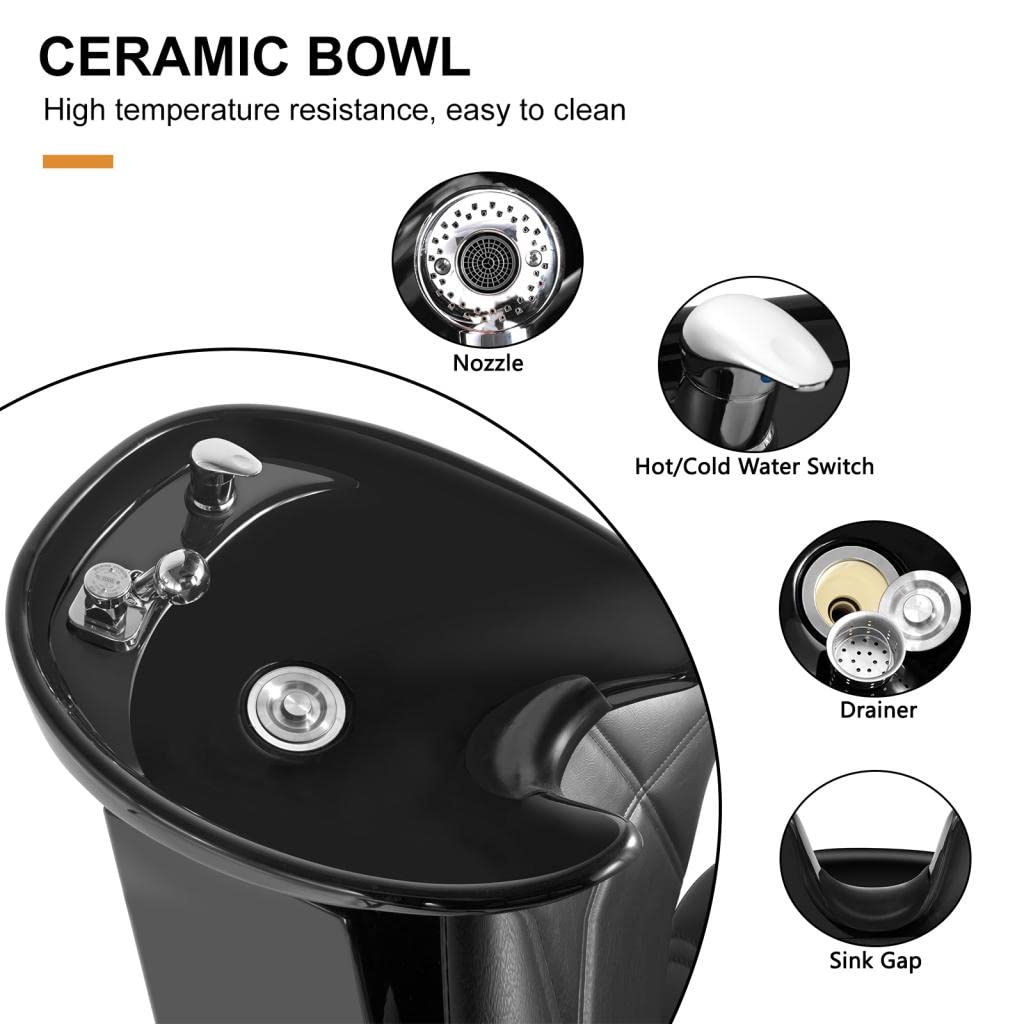 Shampoo Bowl Backwash Barber Chair Ceramic Bowl (Black) | Adjustable Bowl, Sink W/Rubber Headrest, Salon Beauty Spa