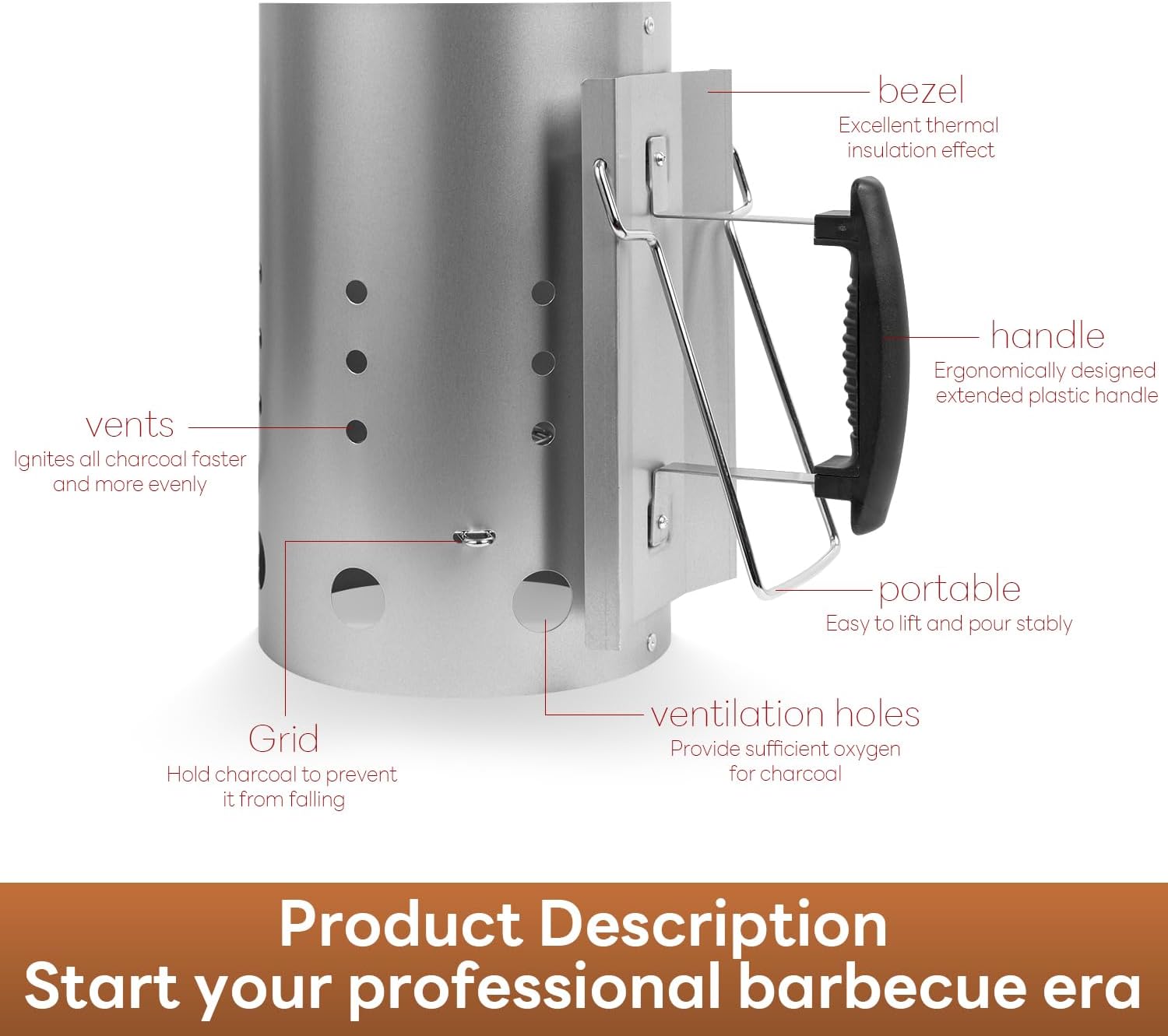 Charcoal Chimney Starter, Chimney Charcoal Starter for Charcoal Barbecue Grills, Suitable for Outdoor Cooking and