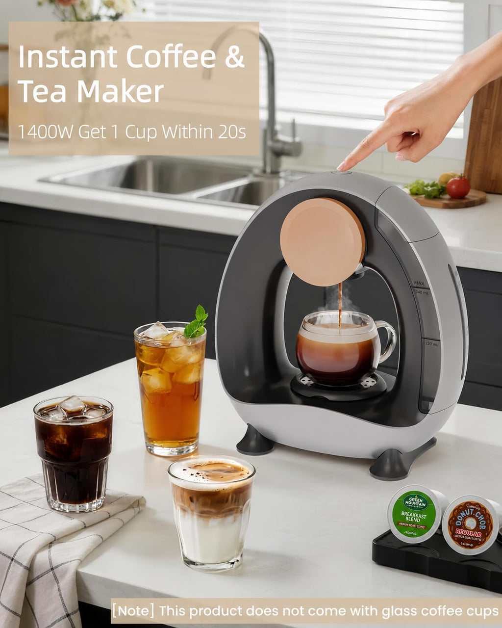 Single Serve Coffee Maker, 3-in-1 K-Cup Coffee Machine Compatible with Pods, Ground Coffee & Tea, Fast 20s One-Button