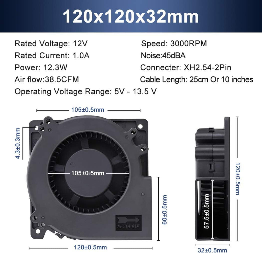 Wathai 120mm x 32mm 12V Brushless Cooling Blower Fan DC Centrifugal Fan 2p