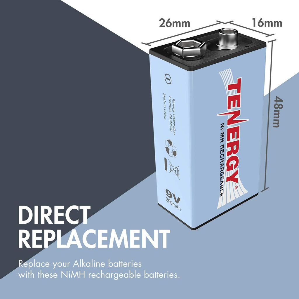 9V NiMH Battery, High Capacity 250mAh Rechargeable 9 Volt Batteries for Smoke Detector/Alarms, TENS Unit, Metal