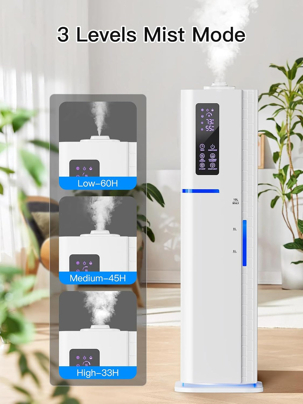 10L/2.64Gal Humidifiers for Bedroom, Top Fill Quiet Ultrasonic Cool Mist Humidifier Large Room, Covers 550ft², 60H
