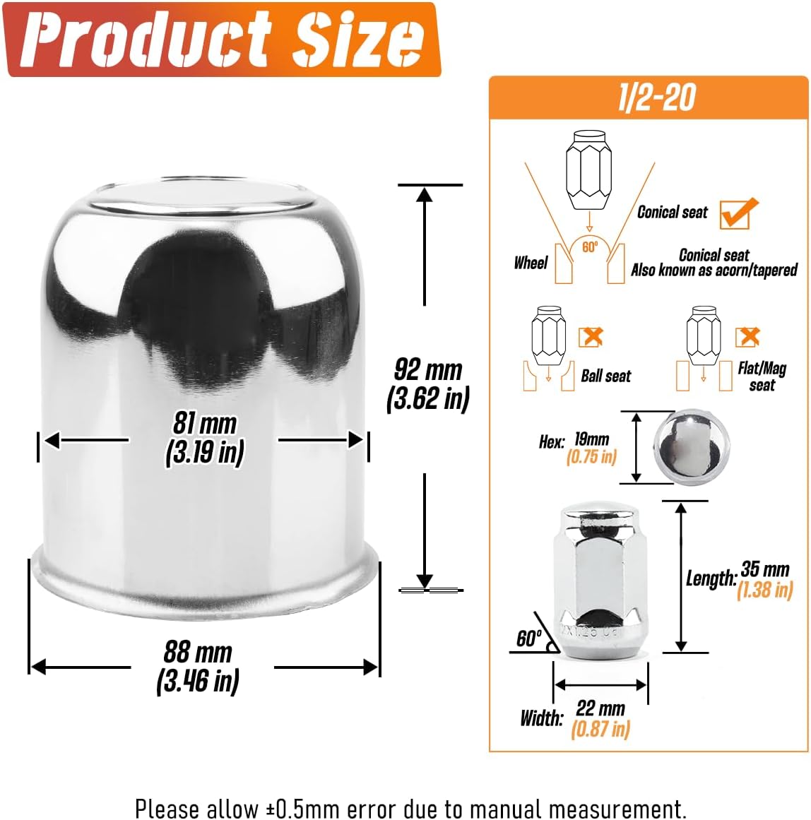 2-Pack Trailer Push Through Center Caps and Trailer Wheel Lug Sets - 3.19in Wheel Center Caps Chrome Wheel Cover