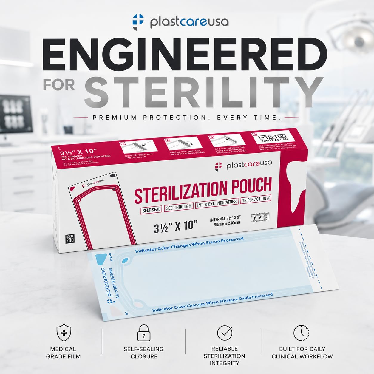 Self Sealing Sterilization Pouches 3.5" x 10" - Latex-Free, Color Changing Indicator (200 Count) by PlastCare USA