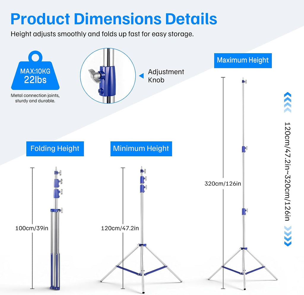 Heavy Duty Light Stand for Photography, 10.5ft/320cm Adjustable Tripod | Spring Cushioned Light Stand with 1/4"