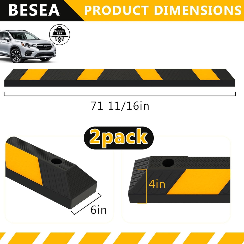 72 Inch Rubber Parking Stop，2 Pack Wheel Stop for Garage & Driveway | Commercial-Grade Parking Curb with Reflective