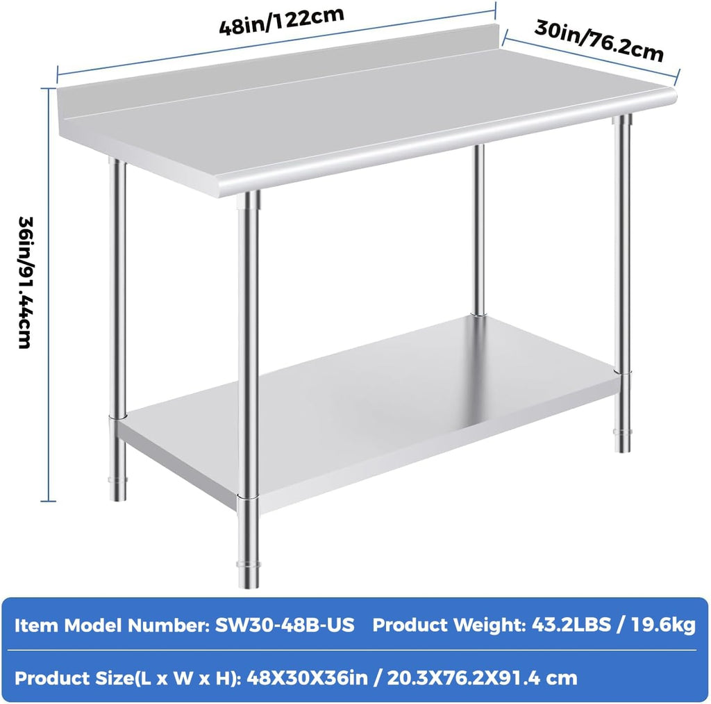Stainless Steel Prep Table 30 x 48 Inches with Backsplash