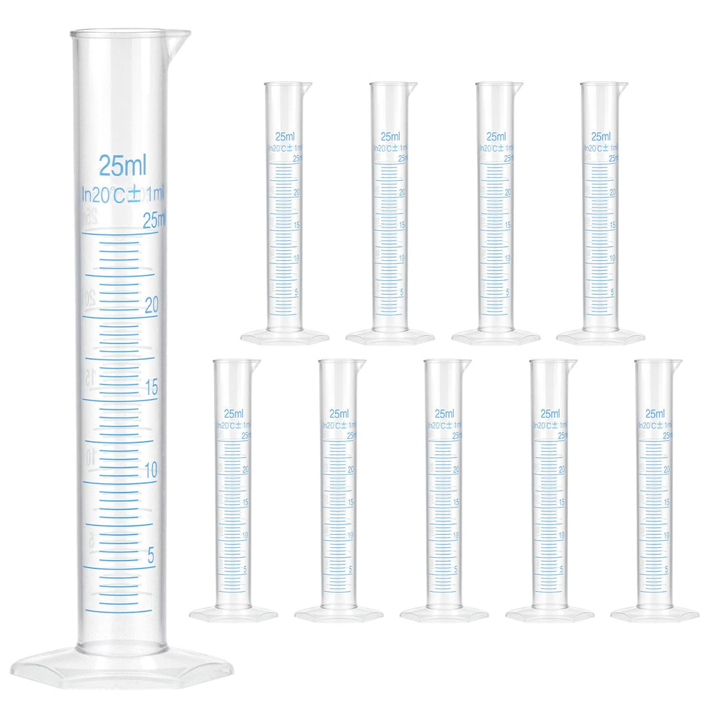QWORK 25 ml Plastic Measuring Cylinders, 10 Pieces Lab-Tested Graduated Cylinders with Hexagonal Base