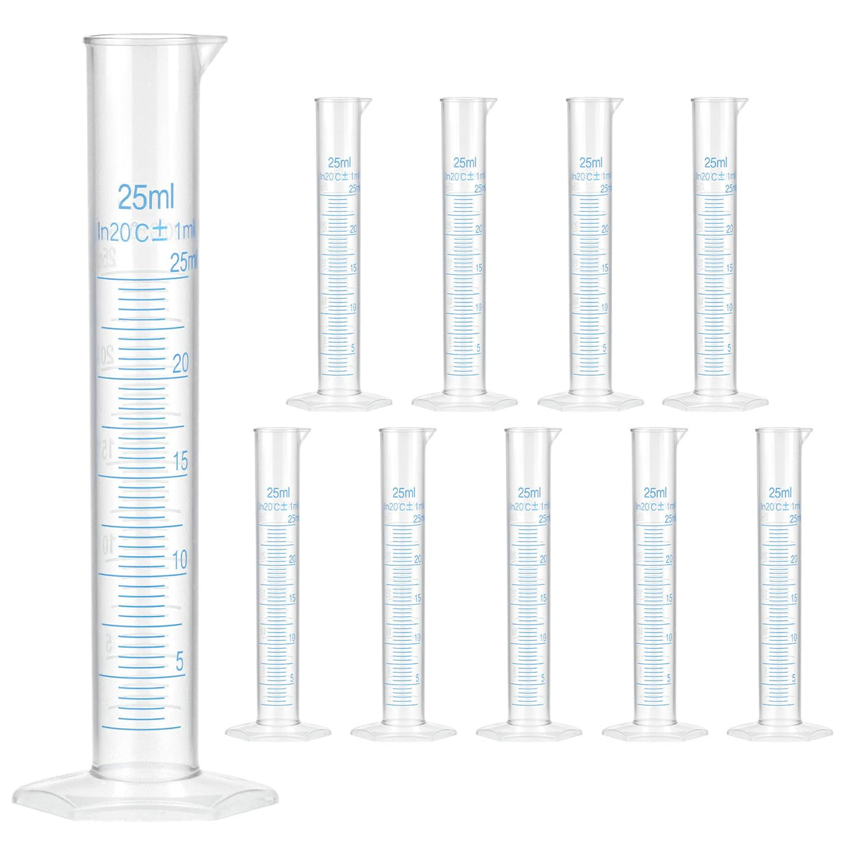 QWORK 25 ml Plastic Measuring Cylinders, 10 Pieces Lab-Tested Graduated Cylinders with Hexagonal Base