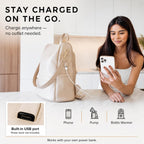 Leather Diaper Bag Backpack with USB Charging port, Changing Pad, Stroller Straps (Beige Mia)